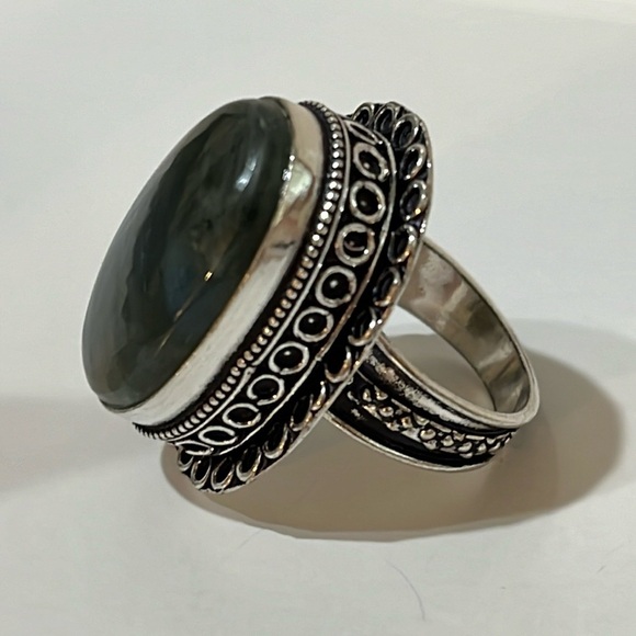 STATEMENT GEMSTONE RING SILVER OVERLAY BLUE FLASH LABRADORITE SIZE 8.25 - Picture 3 of 7